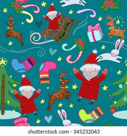 Seamless Christmas pattern with Christmas tree, santa, gifts, candy, rabbit, snowflake, stars and hearts