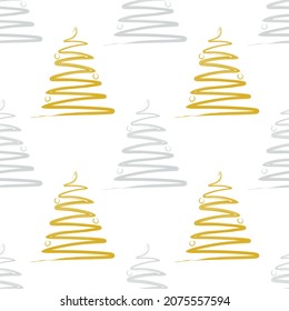 Seamless Christmas pattern. Christmas tree in single line. Abstract fir tree in gold and silver color. Modern minimalistic illustration. Spruce contour on white background. One line illustration.