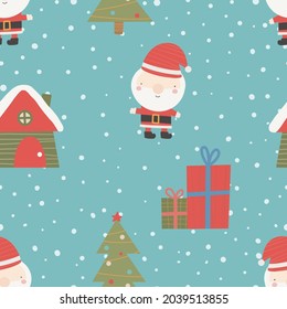Seamless Christmas pattern with Christmas tree, snow and gifts. Christmas ornament with red and green color, vector illustration