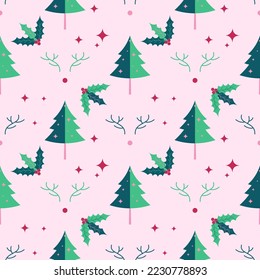 Seamless Christmas pattern with Christmas tree, snowflakes, holly red berries, and reindeer. Vector illustration.