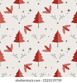 Seamless Christmas pattern with Christmas tree, snowflakes, holly red berries, and reindeer. Vector illustration.