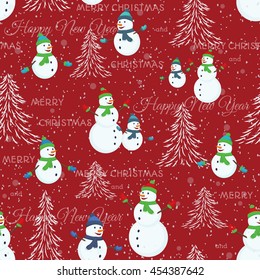 Seamless Christmas pattern with christmas tree, snowman and snowflakes on red background.