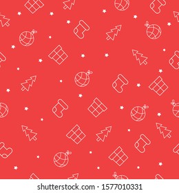 Seamless Christmas pattern with christmas tree, socks, gitf boxes, stars and tree balls. Red background with white icons. Happy New Year and Merry vector illustration. Winter holidays texture.