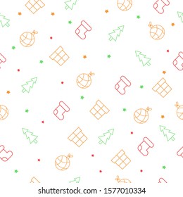 Seamless Christmas pattern with christmas tree, socks, gitf boxes, stars and tree balls. Happy New Year and Merry Xmas background. Vector illustration. Winter holidays texture.