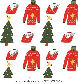 Seamless Christmas pattern with christmas tree, sweater and letter. Happy New Year and Merry Xmas background. Winter holidays texture.