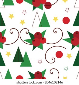 Seamless Christmas pattern, Christmas trees, berries, lines for packaging, fabric, textiles, website. Vector eps10