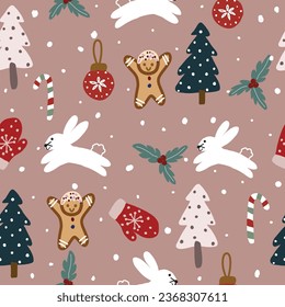 Seamless Christmas pattern with Christmas trees, bunnies, holly, bells, mittens, buns and snow on a pink background.