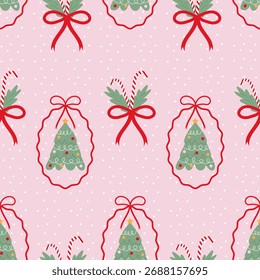 Padrão de Natal perfeito com árvores, doces e arcos. Fundo de Natal com uma moldura decorativa. Design na moda para têxteis e papel de embrulho.