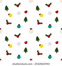 A seamless Christmas pattern with Christmas trees, colorful ornaments, and snowflakes is perfect for backgrounds, gift wrap, or decorations, adding continuous warmth and festive spirit.