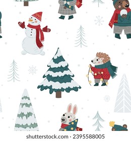 Seamless Christmas pattern with  trees and cute animals. Can be used for fabric, printing on paper, cards, posters, etc.