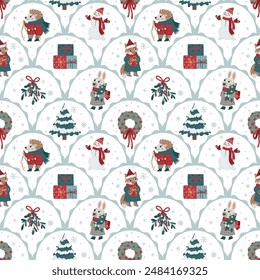 Seamless Christmas pattern with trees and cute animals. Ideal for fabric, printing on paper, cards, posters, and more. Perfect for adding a festive touch to holiday decor and seasonal projects.