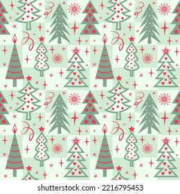 Seamless Christmas pattern with Christmas trees and decorations, flat vector background.