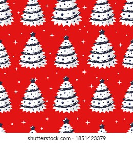 Seamless Christmas pattern with Christmas trees. Decorative pattern for banners, postcards, packaging, Wallpaper. Red background with white Christmas trees.
