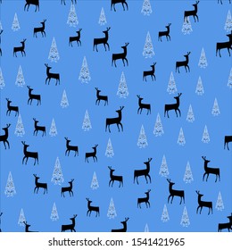 Seamless Christmas pattern with Christmas trees and deer on blue background.  Vector illustration.