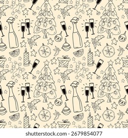 Padrão de Natal perfeito com árvores, presentes, velas, champanhe, ornamentos e estrelas em estilo de arte de linha. Perfeito para fundos festivos, papel de embrulho, cartões e desenhos de férias.