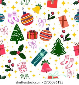 Patrón de Navidades sin fisuras con árboles, regalos, chucherías, calcetines y campanas en blanco: Vector plano colorido para envolver papel, tela y decoración infantil