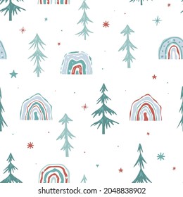 Seamless Christmas pattern with Christmas trees. Green spruce and a New Year's rainbow on a white background. Minimalistic design. Vector illustration
