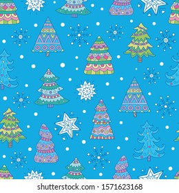 Seamless christmas pattern with trees hand drawn in outline.