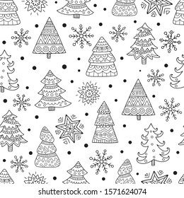 Seamless christmas pattern with trees hand drawn in outline. Black and white, perfect for coloring book or page.