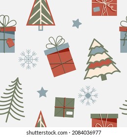 Seamless Christmas pattern with trees, presents, stars and snowflakes. Vector illustration.