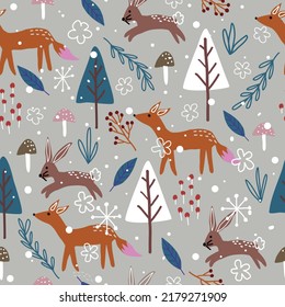 Seamless Christmas pattern with Christmas trees, rabbits, foxes, berries, flowers, leaves, mushrooms, snow and grass used for wallpaper, prints and fabrics.