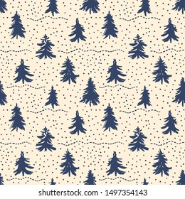 Seamless christmas pattern with christmas trees and snow. Monochrome. Drawn with a dry brush.