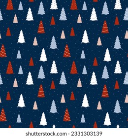 Seamless Christmas pattern - trees with snow on blue background.