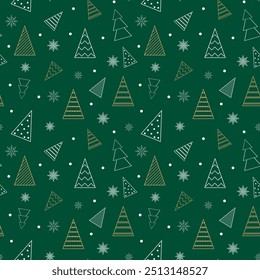 Seamless Christmas pattern. Christmas Trees, Snowflake and Dots on a green background