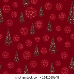Seamless Christmas pattern with Christmas trees and snowflakes on  red background.  Vector illustration.
