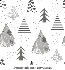 Seamless Christmas pattern with Christmas trees and snowflakes. New Year and Christmas doodle style. Trendy Vector illustration. Template for wrapping paper, gift, holiday decoration, textile, etc.