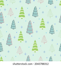 Seamless Christmas pattern: Christmas trees and snowflakes. Winter forest. Vector Christmas 
image in the style of a doodle.