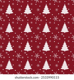 Seamless Christmas pattern with Christmas trees and snowflakes. Endless Christmas pattern on a red background. Repeating pattern with white snowflakes and a Christmas tree