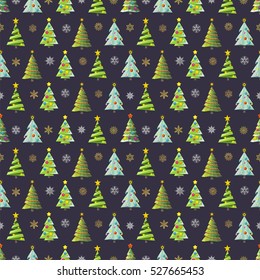 Seamless Christmas pattern with trees, snowflakes and garlands on black background