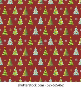 Seamless Christmas pattern with trees, snowflakes and garlands on red background