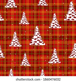 Seamless Christmas pattern - trees with stars on red cell background . Vector design for fabric and kitchen textil.