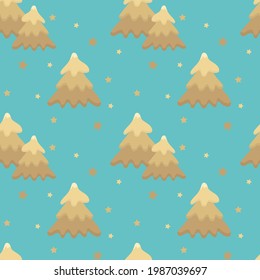 Seamless Christmas pattern with Christmas trees and stars of gold color on a turquoise background. Festive background for Christmas cards and banners, holidays christmas decoration, wrapping design.