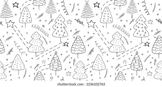 Seamless Christmas pattern with Christmas trees, stars, snowflakes. Doodle style. Vector illustration. On a white background.