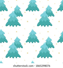 Seamless Christmas pattern with Christmas trees of turquoise color on a white background. Festive background for Christmas cards and banners, holidays christmas decoration, wrapping paper design.