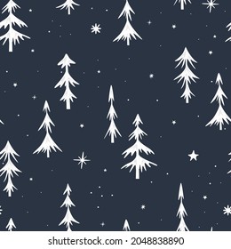 Seamless Christmas pattern with Christmas trees. White spruce on a dark background. Minimalistic design. Vector illustration