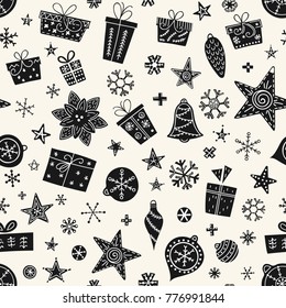 Seamless Christmas pattern in trendy Scandinavian style. Design element for modern and original festive textile, gift wrap, wall art, background, paper packaging, wrapping paper. Vector illustration.