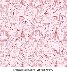Seamless Christmas pattern in a trendy whimsical style in pink. Hand-drawn doodles. Bows and Christmas decorations.