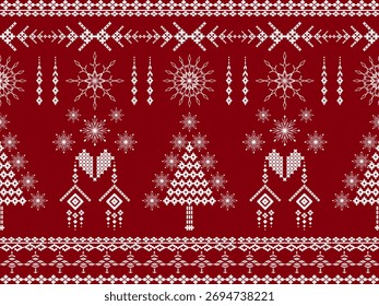Patrón de Navidades sin fisuras en estilo tribal. Árboles de Navidad geométricos, copos de nieve y motivos de borde en blanco sobre un fondo rojo oscuro.