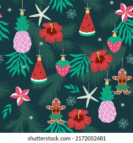 Seamless Christmas pattern in tropical style. Vector graphics.