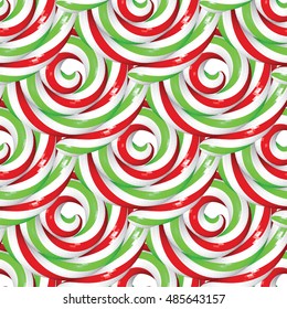 Seamless Christmas Pattern with Twisted Lollipops. Festive Red Green and White Colored Background. Low Poly Vector Illustration. Holidays Print for Wrapping Paper Fabric and Wallpapers.
