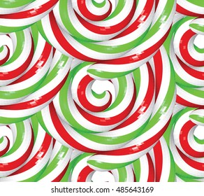 Nahtlose Weihnachtsmuster mit gedünsteten Lollipops. festlicher, roter und weißer Hintergrund. Low-Poly-Vektorillustration-Illustration. Feiertagsdrucke für Papierwerkstoffe und Bildschirmhintergründe.