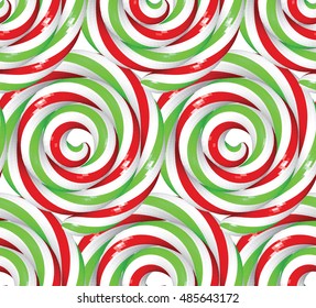 Seamless Christmas Pattern with Twisted Lollipops. Festive Red Green and White Colored Background. Low Poly Vector Illustration. Holidays Print for Wrapping Paper Fabric and Wallpapers.