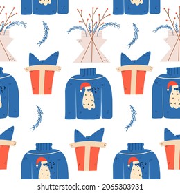 Patrón de navidad sin foco con suéter feo con santa claus. Ilustración vectorial en estilo plano para impresión en tipografía