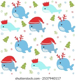 Seamless Christmas pattern under the sea, cute whales, dolphins with Santa hats and Christmas trees for decorating backgrounds and fabric patterns, children's items
