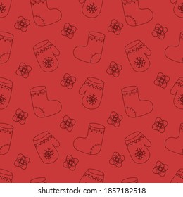 Seamless Christmas pattern. Valenki and mittens on a red background. Holiday vector. Design for packaging, website, and textiles.
