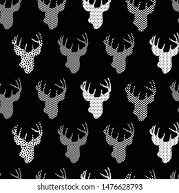 Seamless Christmas pattern - varied Xmas deers. Black and white Happy New Year background. Vector design for winter holidays.